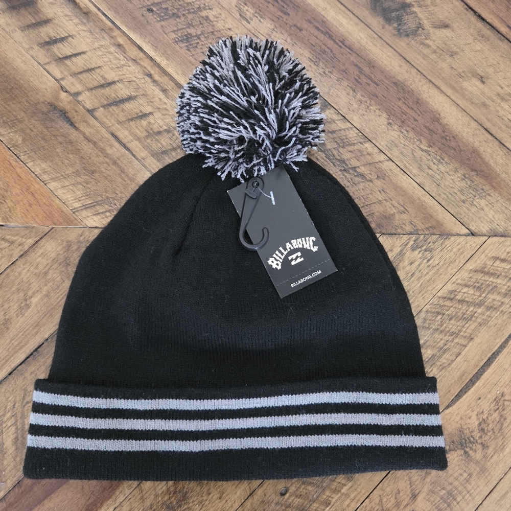 Billabong Black and Gray Striped Beanie With Pom Pom